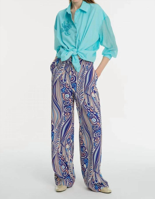 Exquise - Patterned Palazzo Trousers - blue - clothing - pants