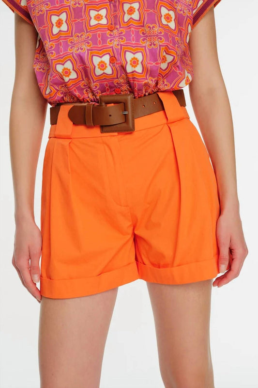 Exquise - Pleated Poplin Shorts With Belt Detail - clothing - cotton - high - waist