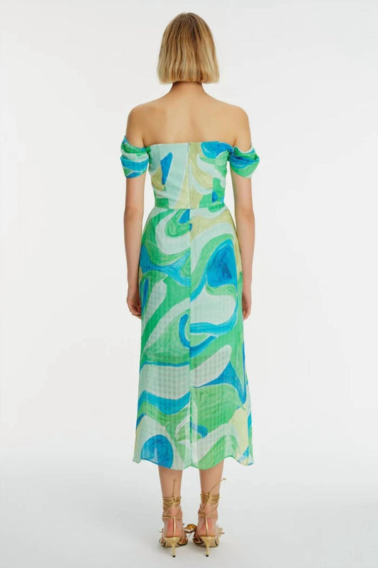 Exquise - Strapless Midi Length Patterned Dress - clothing - dresses - green