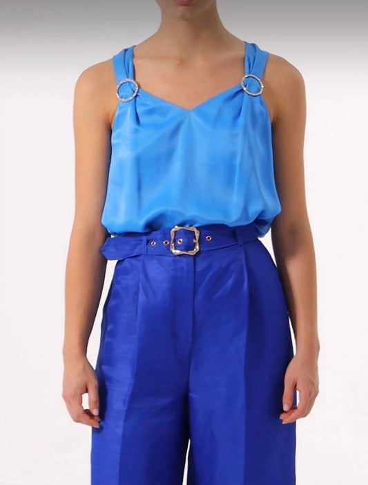 Exquise - V Neck Crystal Stone Buckle Tank Top - blue - clothing - solid