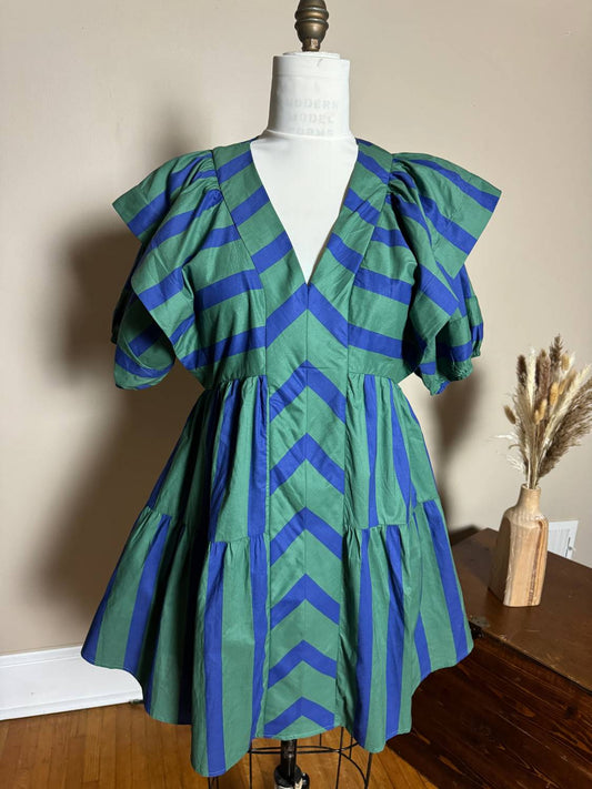 Entro - Women's Breanne V-neck Puff Sleeve Stripe Dress