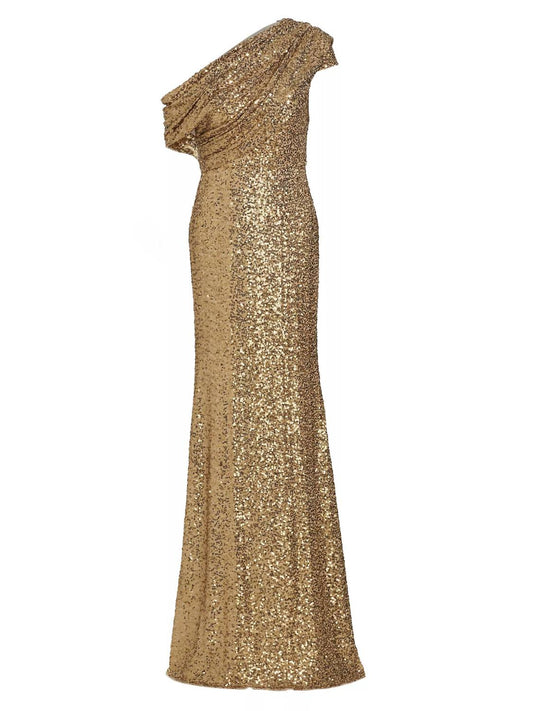 Badgley Mischka - Women's One-shoulder Draped Sequined Tulle Gown