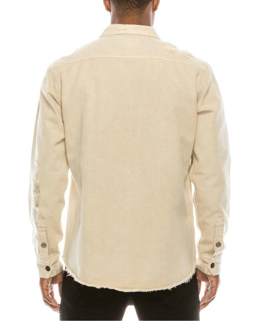 Victorious - Long Sleeve Button Up Distressed Denim Jean Jacket