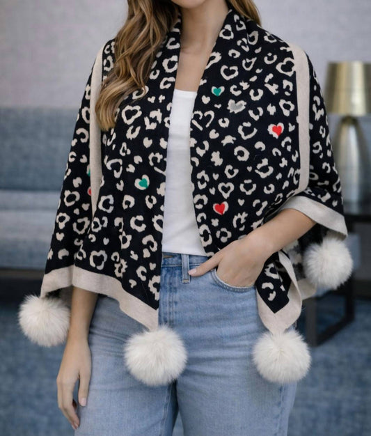 Mitchie'S Matchings - Narrow Woven Heart and animal print scarf with fox poms