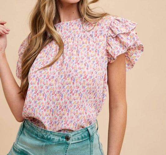 Anniewear - Ditsy Flower Printed Pleats Blouse