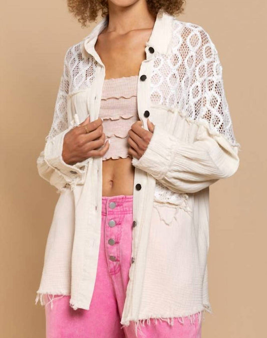 Pol - Oversized Lace Accent Button Down Shirt