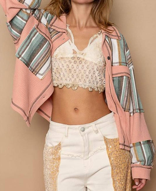 Pol - Striped Woven Panels Button Down Knit Shirt Top