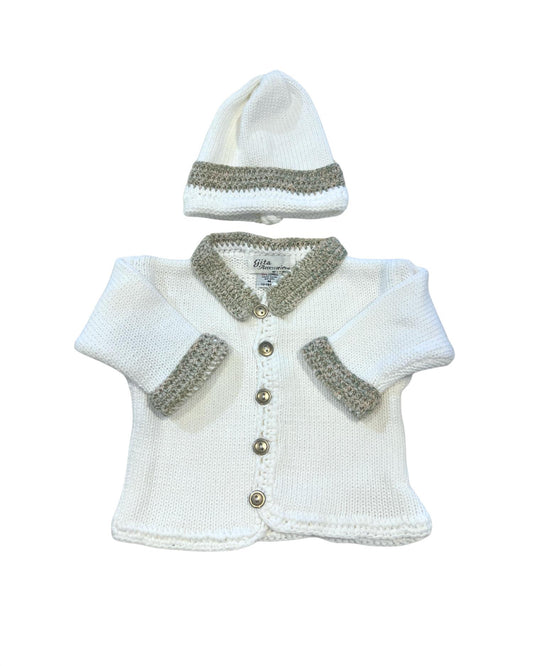Gita - Boy's 2pc Sweater With Soft Green/beige Tweed Collar & Cuff With Hat