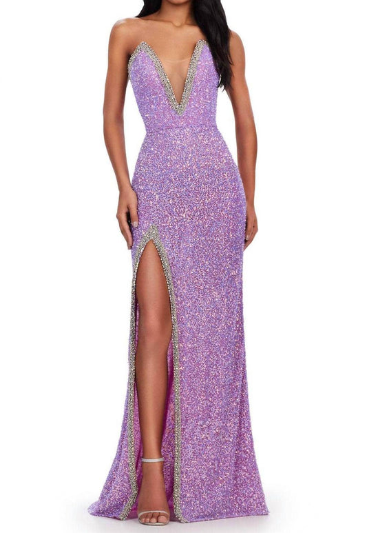 Ashleylauren - Plunging V-neck Sequin Prom Gown