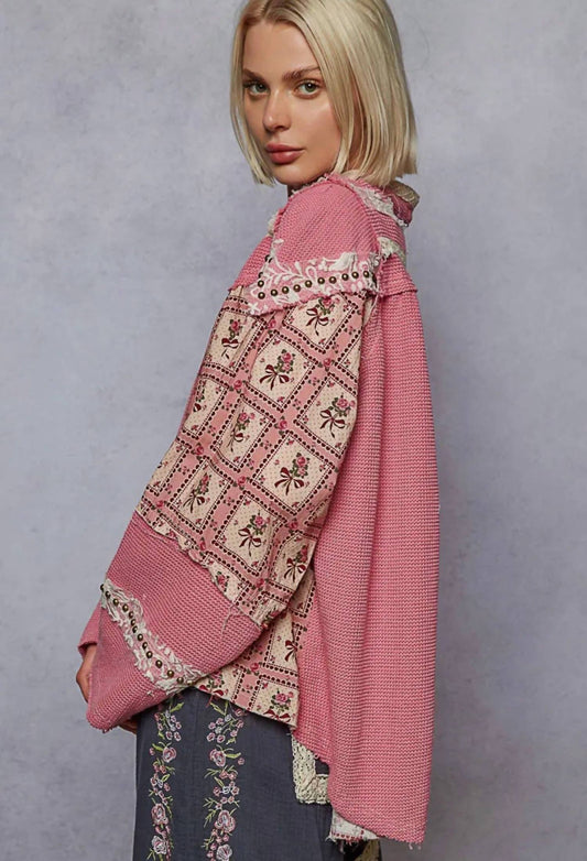 Pol - Printed Contrast Stud Button High Neck Top & Jogger Set