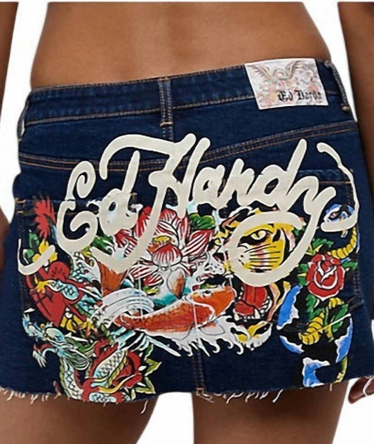 Ed Hardy - Tattoo Collage Dark Denim Cutoff Mini Skirt