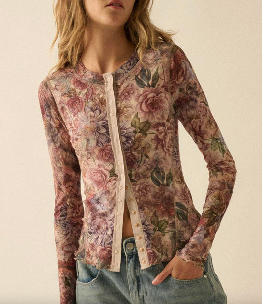 Promesa - Floral-Print Mesh Snap-Front Long Sleeve Top