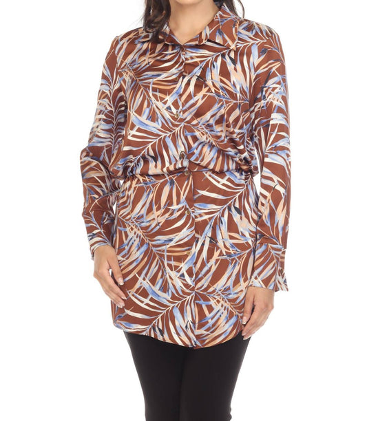 Joseph Ribkoff - Leaf Print Elastic Waist Button-down Blouse