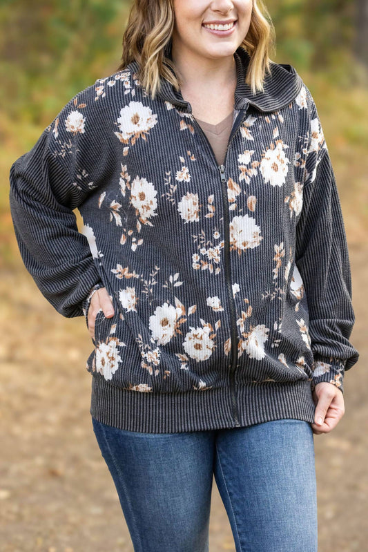 Michelle Mae - Ramona Ribbed Floral Zip Up Hooded Bomber Jacket