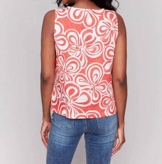 Charlie B - Printed Sleeveless Linen Blend Top With Slit