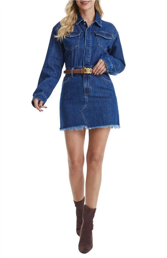 Bayeas - Resa Long Sleeve Fray Hem Denim Mini Shirtdress