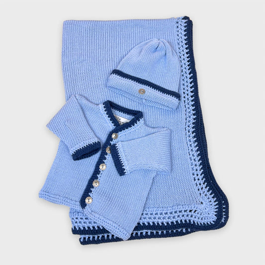 Gita - Boy's 2pc Light Blue Cotton Sweater With Navy Trim & Hat