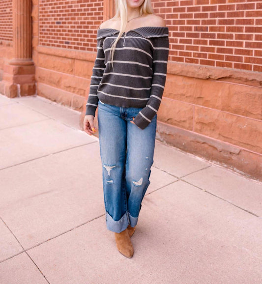 Wishlist - Sarah Striped Off-the-shoulder Sweater