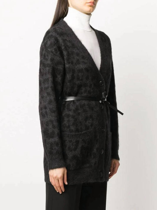 Valentino - Leopard Pattern Belted V Neck Cardigan