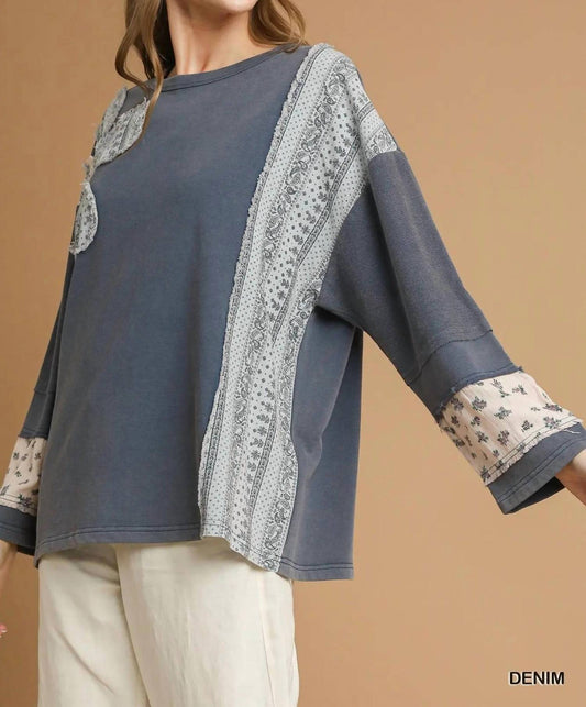 Umgee - French Terry Patchwork Pullover