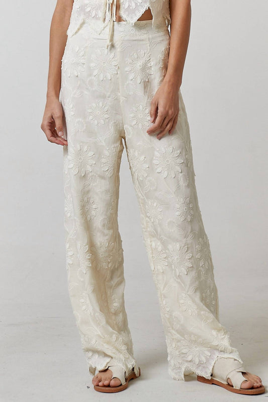 Lalavon - Floral Embroidery Wide Leg Trouser Pants