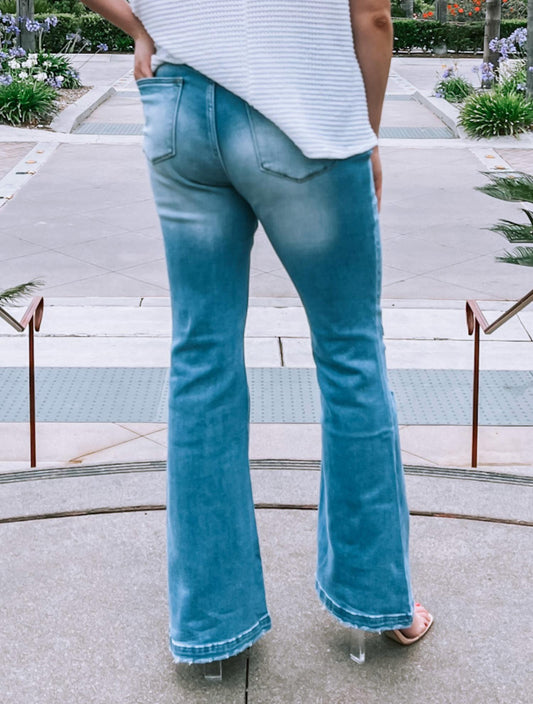 Kancan - Plus Size High Rise Light Distressed Button Fly Flare Jeans