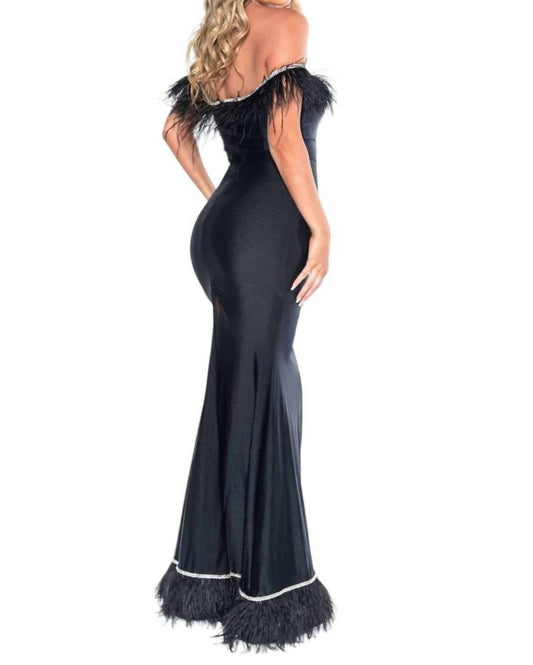 Jessica Angel - OFF SHOULDER SATIN GOWN WITH FEATHER TRIM