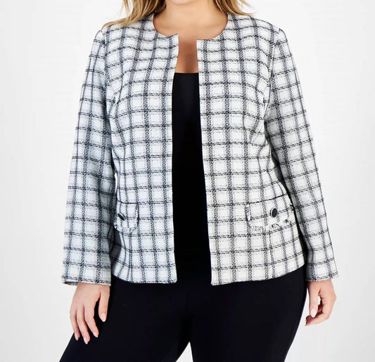 Kasper - Tweed Open-front Collarless Cardigan - Plus