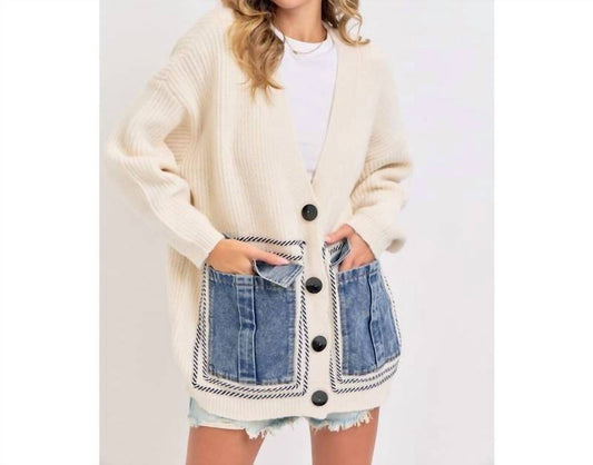 Bns - Knit Sweater Cardigan With Denim Pockets