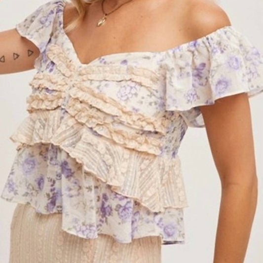 Bluivy - Floral Print Ruffle Lace Trimmed Sweetheart Neck Top