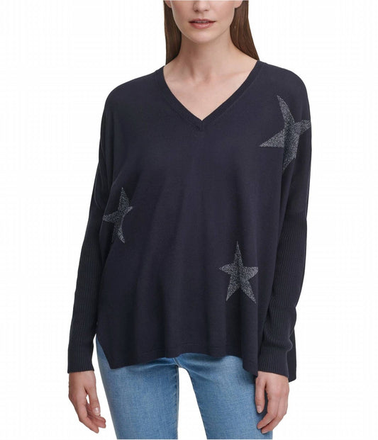 Dkny - Glitter Star Print V-neck Pullover Sweater