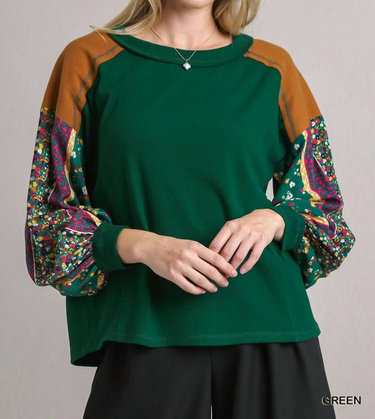 Umgee - Colorblock Contrast Knit With Printed Sleeves Top