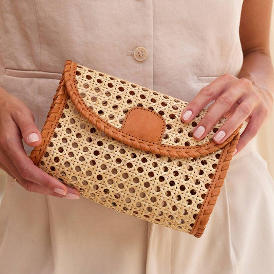 The Winding Road - Women's Rattan Clutch With Leather Trim And Crossbody Strap