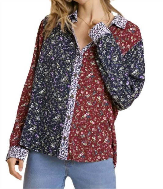 Umgee - Mixed Floral Roll Tab Shirt