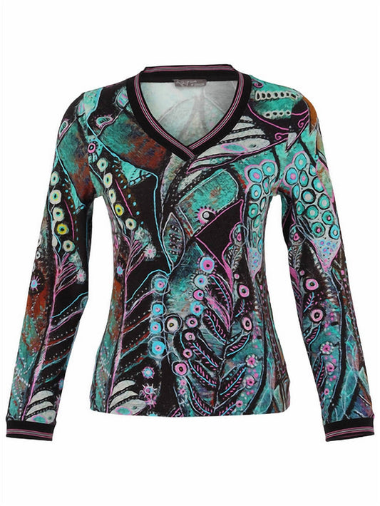 Dolcezza - Peacock V-neck Long Sleeve Top