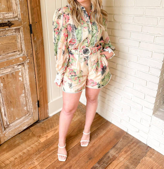 Beulahstyle - Botanical Short-sleeve Blouse And Belted Short Set