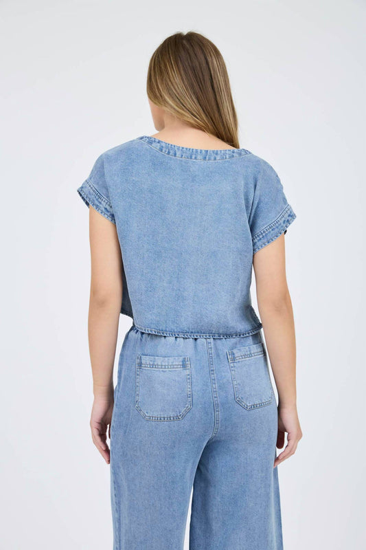 Blu Pepper - Washed Chambray Boat Neck Short Sleeve Crop Top