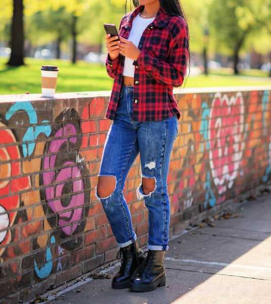 Ymi - Cropped Boxy Plaid Jacket