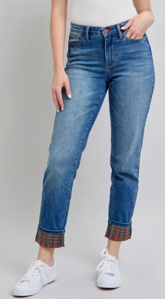 Judy Blue - Plaid Print Cuff Boyfriend Jean