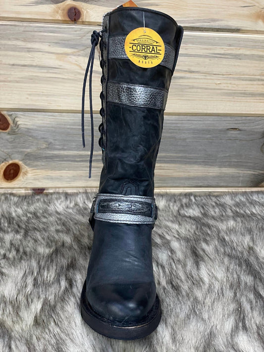 Leather & Side Laces Harness Round Toe Boots