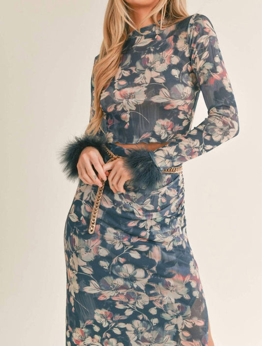 Sage The Label - Vegan Feather Trim Floral Print Long Sleeve Top