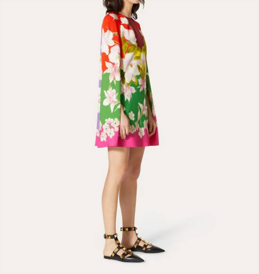Valentino - Printed Stretch Twill Short Cape Mini Dress