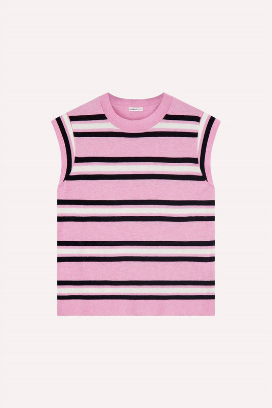 Minnie Rose - Supima Cotton Cashmere Multi Stripe Cap Sleeve Crew