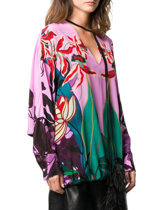 Valentino - Feather-embellished Mirrored Orchid Ramage Blouse