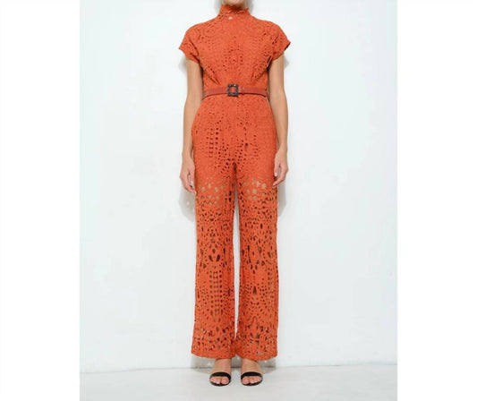 Ina Fashion - Lace High-neck Belted Wide-leg Jumpsuit