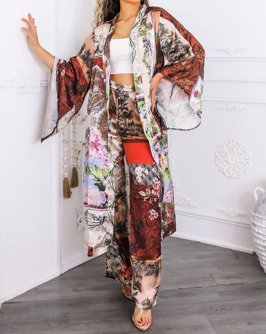Surelymine - Golden Hour Boho Luxe Kimono Set Printed Duster & Wide-leg Pants
