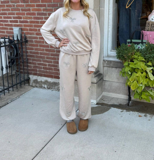 Davi & Dani - Rhinestone Bow Embellishment Soft Knit Sweatshirt And Jogger Set