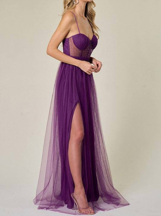 Maniju - Sheer Embellished Tulle Two Slits Prom Dress