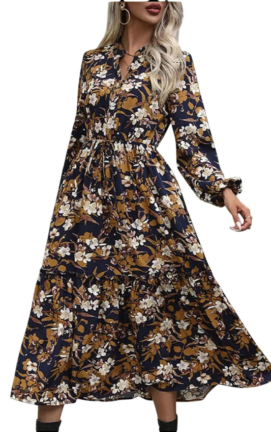 Epretty - Perfee Printed Notched Long Sleeve Midi Dress