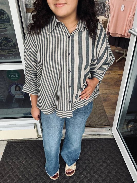 Umgee - Vertical Mix Stripe Button Down Shacket Top